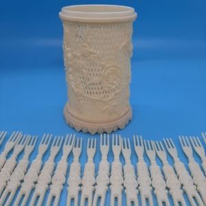 Vintage 1978 Celluloid 36 Appetizer Forks With Floral Rose Intricate Holder